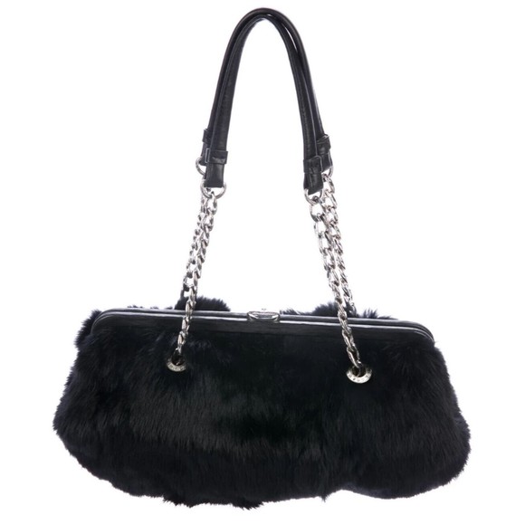 Women's Fur Bag's Designer Michael Kors Black Rabbit Fur Silver Tone Chain Strap - Picture 6 of 14
